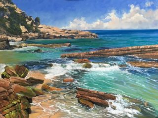 A  painting by Nicki Hall depicting Beach and Rocks and titled High Tide Mogareeka