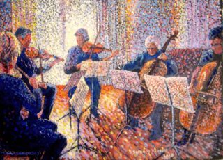 An Acrylic painting by Gregory Pastoll in the Pointillism style  depicting People Interior and Music with main colour being Blue Gold and Pink and titled String Quintet in the Afternoon