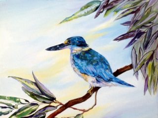 An Oil painting by Lesley Rosochodski depicting Animals and Birds with main colour being Blue Olive and Pink and titled Kingfisher