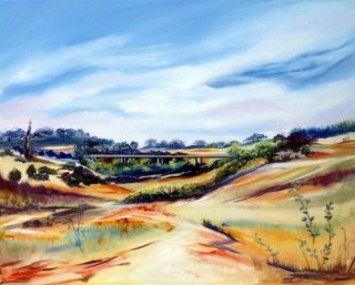 An Oil painting by Lesley Rosochodski depicting Bridge Hills and Rural with main colour being Blue Green and Ochre and titled A Country Bridge