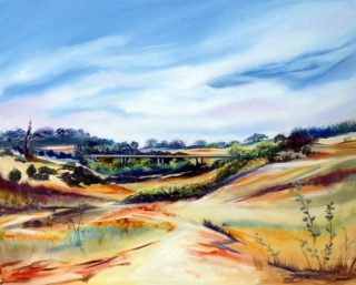 An Oil painting by Lesley Rosochodski depicting Bridge Hills and Rural with main colour being Blue Green and Ochre and titled A Country Bridge