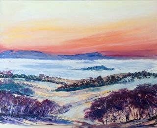 An Oil painting by Lesley Rosochodski depicting Landscape Mountains Rural and Sunrise with main colour being Blue Cream and Green and titled Misty Mountain Sunrise