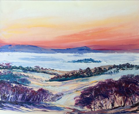 Oil Painting by Lesley Rosochodski titled Misty Mountain Sunrise