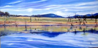 An Oil painting by Lesley Rosochodski depicting Lake Mountains and Water with main colour being Blue Green and Pink and titled Regeneration