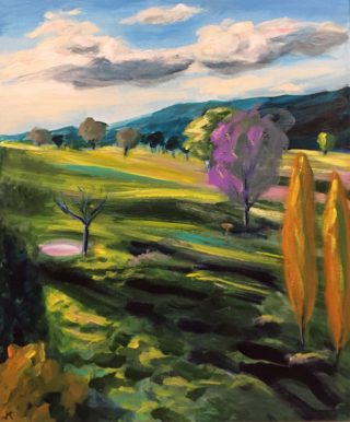 An Acrylic painting by John Klein in the Realist Impressionist style  depicting Landscape Bush Farmland and Hills with main colour being Green Ochre and Purple and titled Binda Sunset