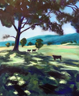 An Acrylic painting by John Klein in the Realist Impressionist style  depicting Landscape Animals Farmland and Mountains with main colour being Blue Green and Olive and titled Into The Shadows