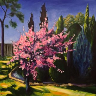 An Acrylic painting by John Klein depicting Flowers Garden and Trees with main colour being Blue Green and Pink and titled The Invasion