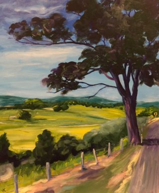 An Acrylic painting by John Klein in the Realist Impressionist style  depicting Landscape Farmland Mountains and Trees with main colour being Blue Green and Olive and titled Road To Murwillumbah