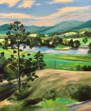 An Acrylic painting by John Klein in the Realist Impressionist style  depicting Landscape Hills River and Trees with main colour being Blue Brown and Green and titled Tweed River, Murwillumbah