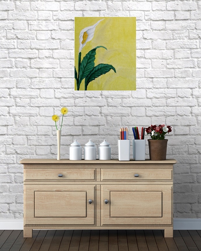 Acrylic Painting by Julie-Anne Gatehouse titled Peace Lily on Yellow