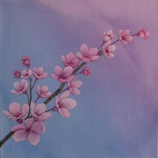 An Acrylic painting by Julie-Anne Gatehouse depicting Flowers with main colour being Blue and Pink and titled Blossom