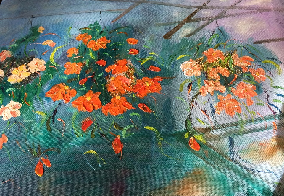 Oil Painting by Margaret Morgan-Watkins titled Majestic Begonias under the Marquee Ballarat