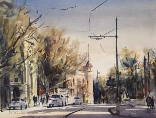 A Watercolour artwork by Neil Gude in the Impressionist style  depicting Landscape Buildings Streets and Trees with main colour being Blue Brown and Ochre and titled Autumn Colour Bendigo