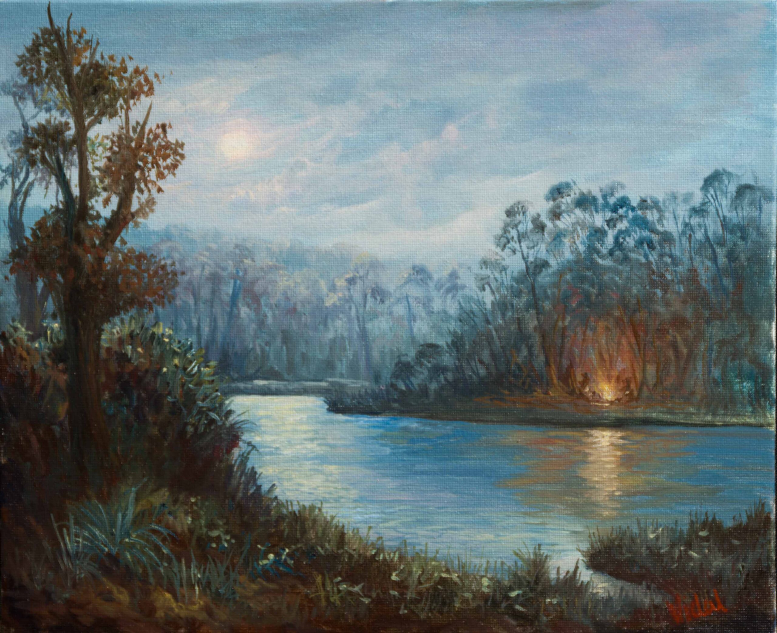 Oil Painting by Christopher Vidal titled Camp fire by the lake