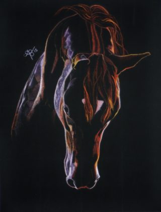 A Pastel painting by Ainslie Gilles-Patel in the Contemporary Realist style  depicting Animals and Horses with main colour being Black Orange and Purple and titled Arc de Force (Arch of Strength)