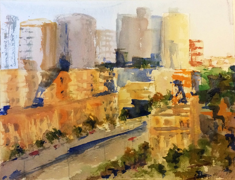 Watercolour Painting by Margaret Morgan-Watkins titled Spring Street Melbourne