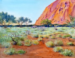 A Watercolour painting by Gregory Pastoll in the Realist style  depicting Landscape Bush Mountains and Outback with main colour being Gold Green and Orange and titled Sunrise at Uluru