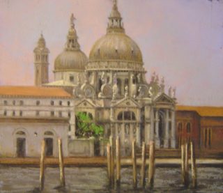 A Pastel painting by Cathie Berry in the Realist Impressionist style  depicting Buildings with main colour being Grey Orange and Purple and titled Basilica, Venice