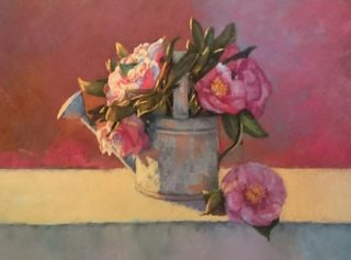 A Pastel painting by Cathie Berry in the Realist Impressionist style  depicting Flowers with main colour being Pink and Purple and titled Camellias