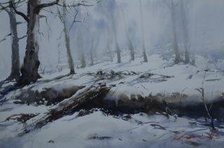 A Watercolour artwork by Chan Dissanayake in the Impressionist style  depicting Snow and Trees with main colour being Blue Brown and Grey and titled Snow at Adaminaby NSW