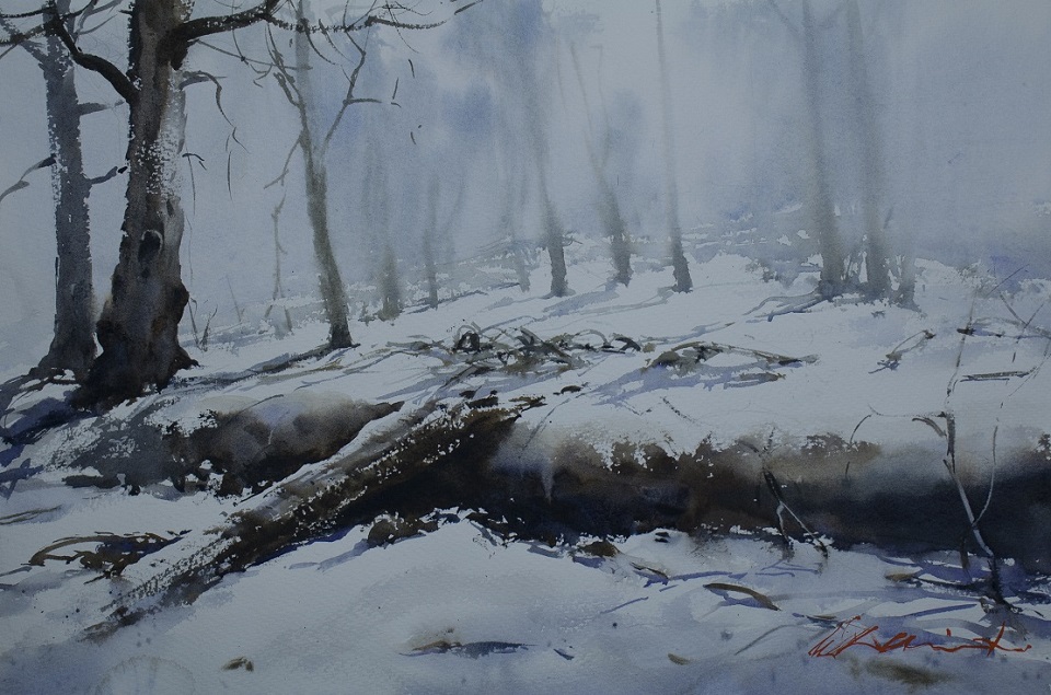 Watercolour Painting by Chan Dissanayake titled Snow at Adaminaby NSW