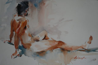 A Watercolour painting by Chan Dissanayake in the Impressionist style  depicting People Man with main colour being Black Brown and Ochre and titled Male Nude Study