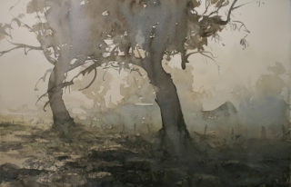 A Watercolour painting by Chan Dissanayake in the Impressionist style  depicting Landscape Rocks Rural and Sheds with main colour being Gold Ochre and Purple and titled Early Morning Doongara NSW