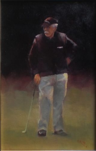 An Oil painting by Cathie Berry in the Realist style  depicting People with main colour being Black Green and Grey and titled Golfer