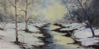 An Acrylic painting by Keri Adcock in the Realist Impressionist style  depicting Landscape Snow with main colour being Blue Brown and Cream and titled Snowy Creek