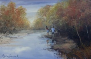 An Acrylic painting by Keri Adcock in the Realist Impressionist style  depicting Landscape Children and Swamp with main colour being Blue Brown and Ochre and titled Child's Play