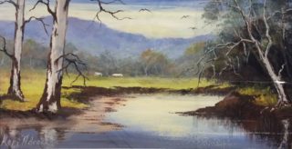 An Acrylic painting by Keri Adcock in the Realist Impressionist style  depicting Landscape Trees and Water and titled Near Harcourt