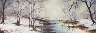 An Acrylic painting by Keri Adcock in the Realist Impressionist style  depicting Landscape Snow and Trees with main colour being Blue Brown and Cream and titled Winter's Morning