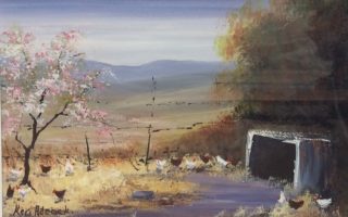 An Acrylic painting by Keri Adcock in the Realist Impressionist style  depicting Landscape Birds Hills and Rural with main colour being Blue Brown and Ochre and titled Chook Yard