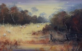 An Acrylic painting by Keri Adcock in the Realist Impressionist style  depicting Landscape Rural with main colour being Blue Brown and Ochre and titled Grazing