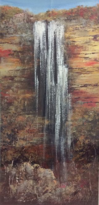 An Acrylic painting by Keri Adcock in the Impressionist style  depicting Water Outback and Rocks with main colour being Blue Brown and White and titled Belmore Falls