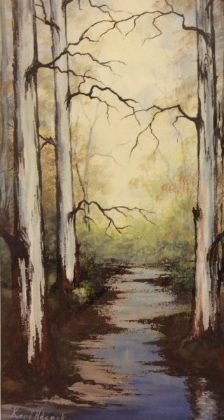 An Acrylic painting by Keri Adcock in the Realist Impressionist style  depicting Landscape Trees with main colour being Blue Brown and Grey and titled After the Rains