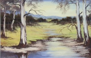 An Acrylic painting by Keri Adcock in the Realist Impressionist style  depicting Landscape Trees and Water with main colour being Blue Brown and Cream and titled Near Macedon