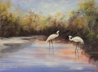 An Acrylic painting by Keri Adcock in the Realist Impressionist style  depicting Landscape Birds and Water with main colour being Blue Brown and Cream and titled Egrets Foraging