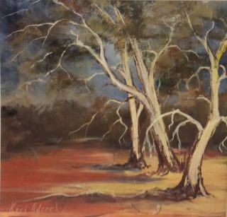 An Acrylic painting by Keri Adcock in the Realist Impressionist style  depicting Landscape Trees with main colour being Blue Brown and Olive and titled Stormy Pilbara