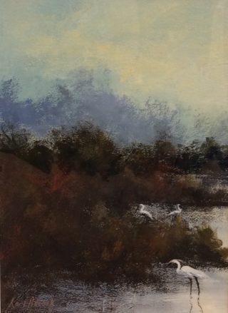 An Acrylic painting by Keri Adcock in the Realist Impressionist style  depicting Landscape Birds Swamp and Water with main colour being Blue Brown and Grey and titled Herrons Foraging