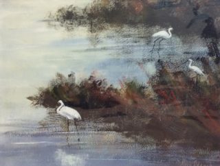 An Acrylic painting by Keri Adcock in the Realist Impressionist style  depicting Landscape Birds Swamp and Water with main colour being Blue and Brown and titled Tranquil Pond