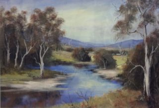 An Acrylic painting by Keri Adcock in the Realist Impressionist style  depicting Landscape River and Trees with main colour being Blue Brown and Green and titled Campaspe River