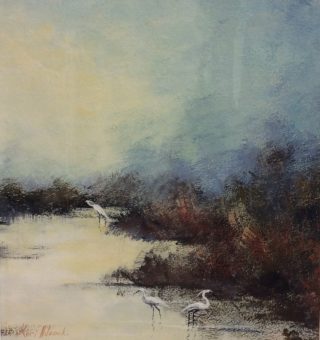 An Acrylic painting by Keri Adcock in the Realist Impressionist style  depicting Landscape Birds Swamp and Water with main colour being Blue Brown and Cream and titled Swamp Ibis's