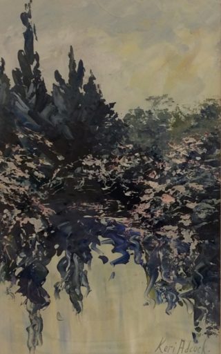 An Acrylic painting by Keri Adcock in the Impressionist style  depicting Landscape Trees and Water with main colour being Blue Cream and Grey and titled Reflections