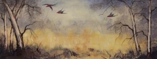 An Acrylic painting by Keri Adcock in the Impressionist style  depicting Landscape Birds Rural and Trees with main colour being Blue Brown and Grey and titled Silly Galahs