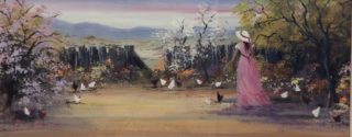 An Acrylic painting by Keri Adcock in the Realist Impressionist style  depicting Landscape Birds and Rural with main colour being Blue Brown and Ochre and titled Feeding the Hens