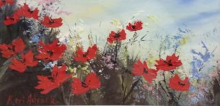 An Acrylic painting by Keri Adcock in the Impressionist style  depicting Flowers with main colour being Blue and Red and titled Pretty in Red