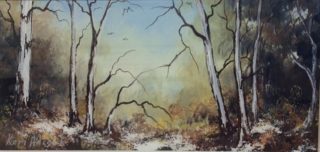 An Acrylic painting by Keri Adcock in the Impressionist style  depicting Landscape Snow and Trees with main colour being Blue Brown and Grey and titled A Touch of Snow