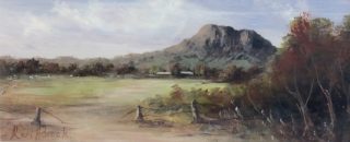 An Acrylic painting by Keri Adcock in the Realist Impressionist style  depicting Landscape Hills Rocks and Rural with main colour being Blue Brown and Green and titled Hanging Rock Cloudy Day