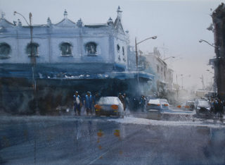 A Watercolour artwork by Chan Dissanayake in the Impressionist style  depicting Buildings Streets with main colour being Black Blue and Purple and titled Molesworth Street Lismore NSW_